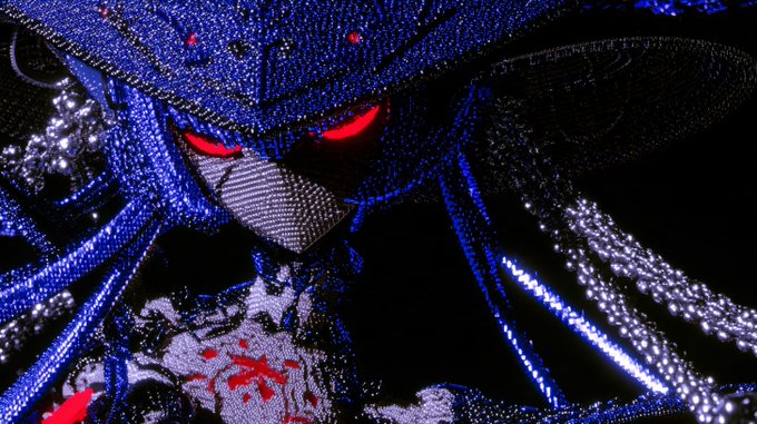 A dark, detailed digital or beadwork-style illustration of a menacing figure with glowing red eyes, rendered in shimmering blue and silver tones against a black background.