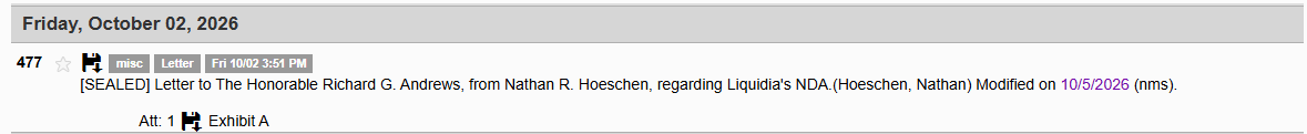 A PACER document entry dated Friday, October 02, 2026, for a sealed letter from Nathan R. Hoeschen to The Honorable Richard G. Andrews regarding Liquidia's NDA, including Exhibit A.