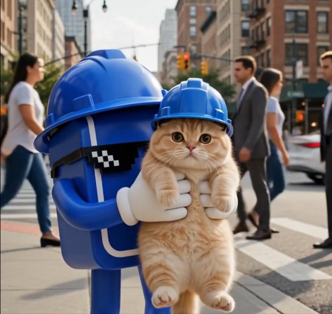 A 3D-rendered Among Us-style blue crewmate character wearing pixelated sunglasses holds an orange tabby cat on a city street.