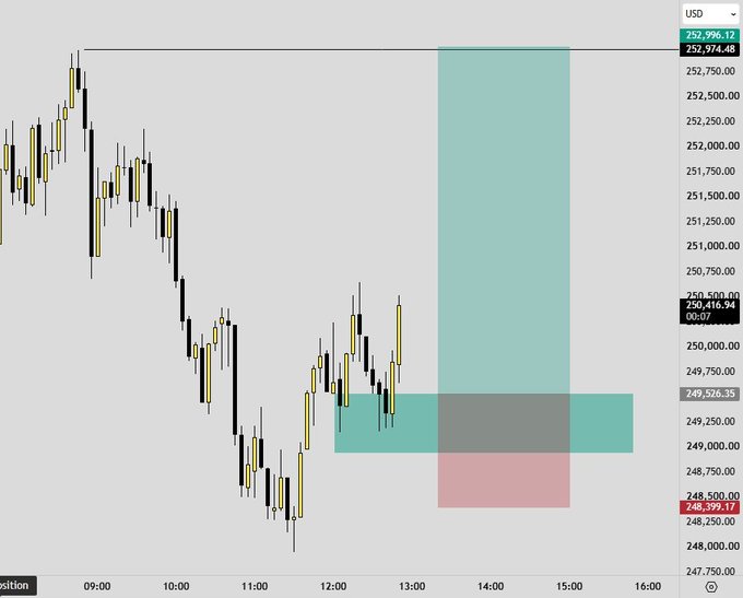 A financial trading chart displays candlestick price action around the $250,416-$252,996 USD range, with a highlighted trading zone marked by teal and red rectangles spanning from approximately 12:00 to 15:00.
