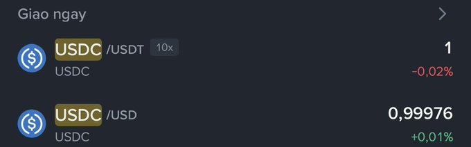 A cryptocurrency exchange interface displaying spot trading for USDC/USDT (price 1, -0.02%) and USDC/USD (price 0.99976, +0.01%) with 10x leverage shown.