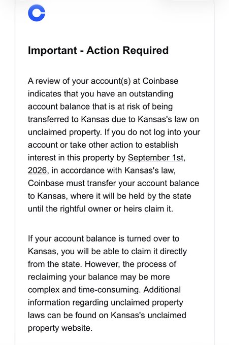 An email or notification with the Coinbase logo titled 'Important - Action Required', warning that an account balance is at risk of being transferred to Kansas due to the state's unclaimed property law if action is not taken by September 1st, 2026.