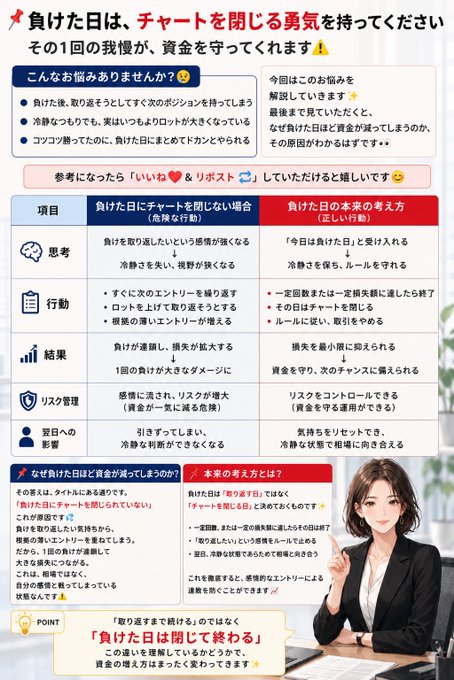 A Japanese infographic advising traders to close their charts after a losing day, with a comparison table showing the outcomes of continuing to trade versus stopping, featuring an illustrated female trader pointing upward.