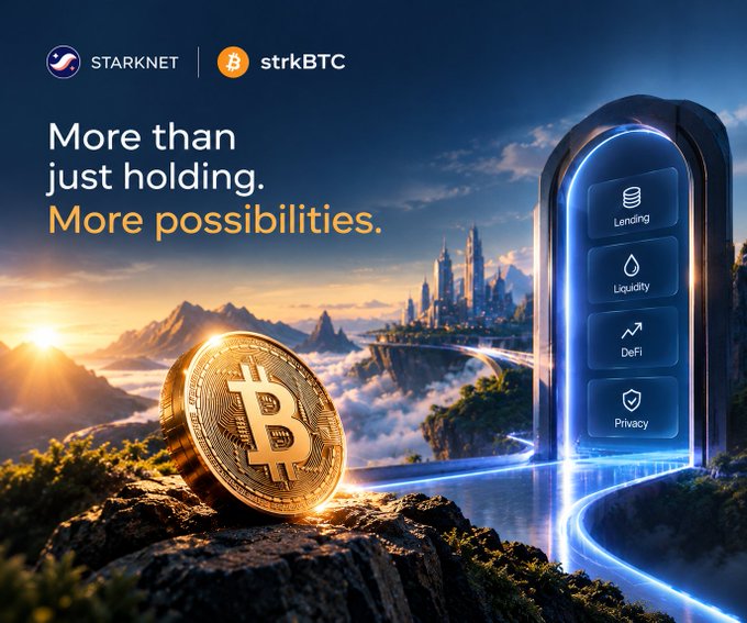 A promotional graphic for "STARKNET" and "strkBTC" with the tagline "More than just holding. More possibilities." featuring a Bitcoin on a cliffside with icons for Lending, Liquidity, DeFi, and Privacy.