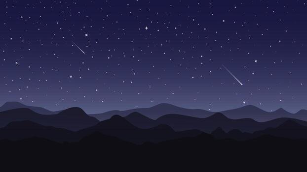 A starry night sky with shooting stars over silhouetted mountain ranges.