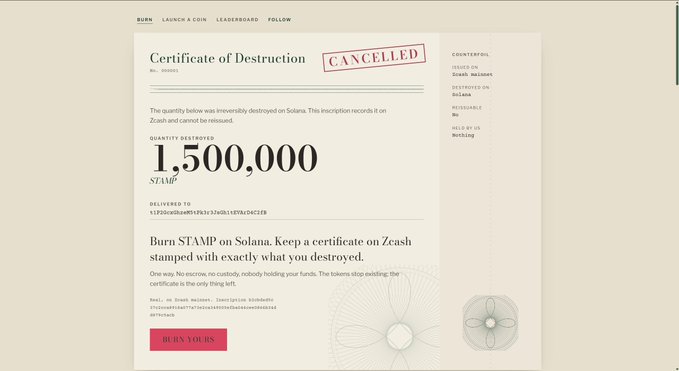 A digital "Certificate of Destruction" showing that 1,500,000 STAMP tokens were destroyed on Solana, stamped with a red "CANCELLED" mark and bearing the Zcash Meimner seal, alongside an EKtmPPLaCbEEKiwoHHtV7TsRsmPXs5CMGtQtZFSiinsc address. The post notes that Zcash Shielded Assets have not launched on mainnet, suggesting the image is tied to an experimental Solana-based STAMP project rather than an official Zcash burn.