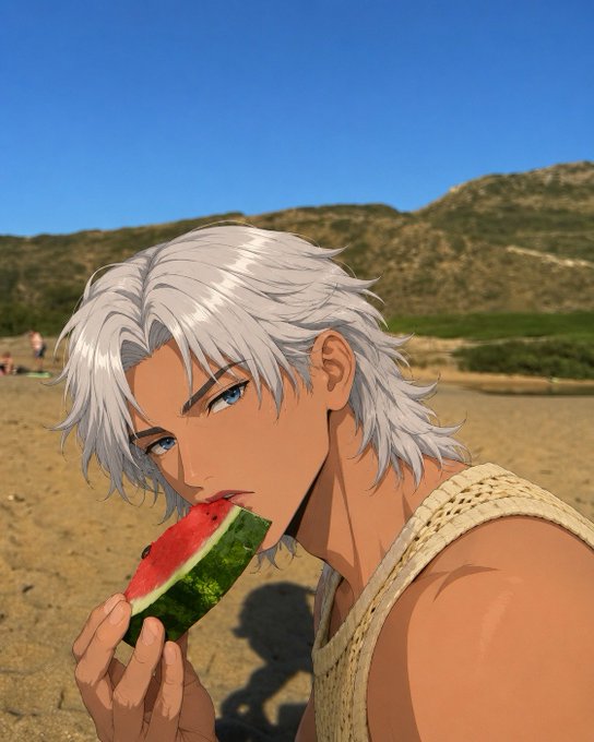 An anime-style illustration of a silver-haired character eating a piece of watermelon on a sunny beach with hills in the background.