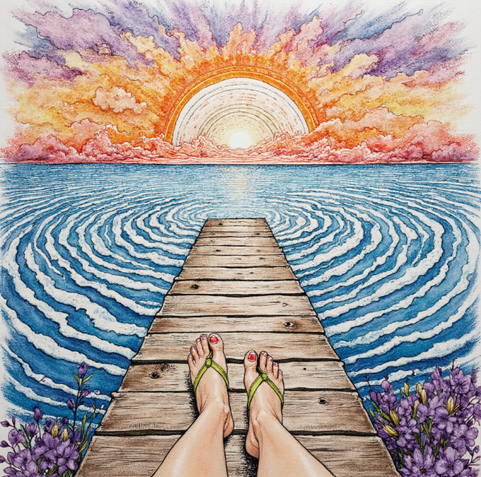 A first-person view shows feet in green flip-flops resting on a wooden dock, looking out at concentric ocean ripples leading toward a vibrant watercolor sunset, with purple flowers framing the edges. The serene, peaceful scene complements the artist's gratitude post, reflecting the tranquil, dreamlike quality of their sold artwork.