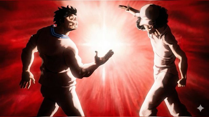 A dramatic 3D-rendered scene of two muscular characters facing off in combat poses against a bright red background with a glowing light between them.