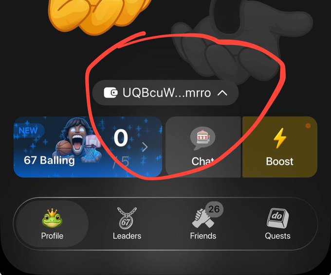 A screenshot of an app interface highlighting the username 'UQBcuW...mrro' circled in red, showing features like '67 Balling', 'Chat', 'Boost', 'Profile', and 'Quests'.
