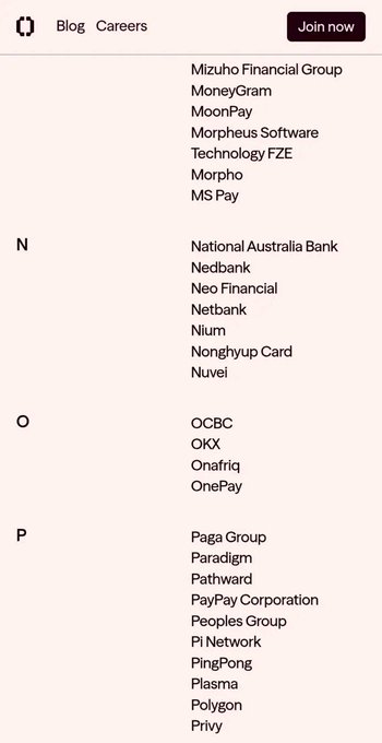 The image displays an alphabetical list of companies and organizations (including Mizuho Financial Group, National Australia Bank, OCBC, Pi Network, PingPong, and Polygon) categorized under letters M, N, O, and P, likely showcasing participants or members of an initiative. The accompanying post highlights Pi Network's recent milestone of joining the Open Standard (Open USD) to connect digital and traditional economies, suggesting Pi Network's inclusion in this list reflects its new membership in the Open Standard initiative.