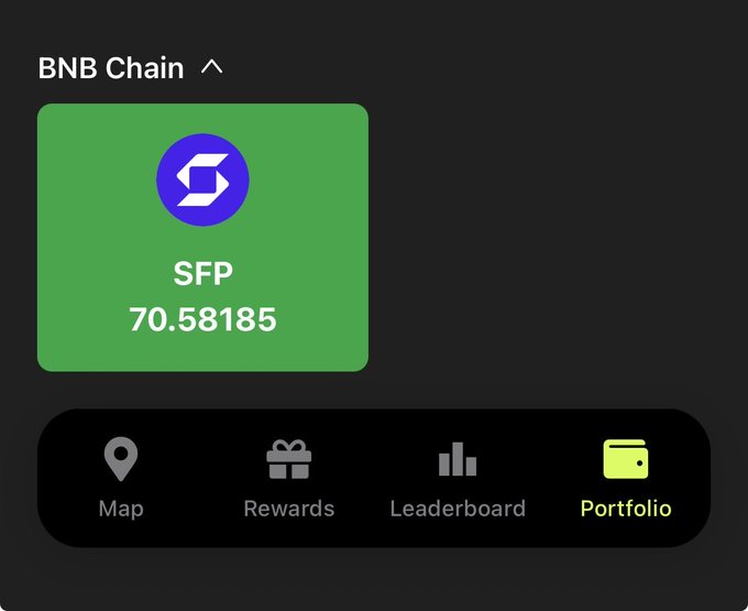 A dark-themed crypto portfolio app displaying BNB Chain with a balance of 70.58185 SFP tokens, with navigation tabs for Map, Rewards, Leaderboard, and Portfolio.