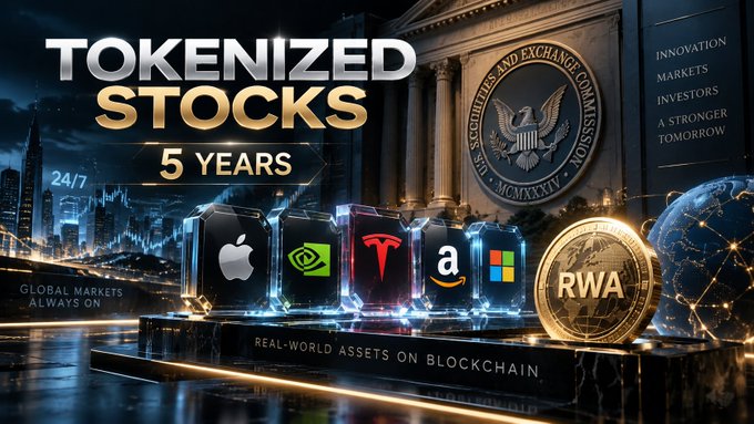 A digital advertisement promoting 'TOKENIZED STOCKS 5 YEARS' featuring the SEC seal and logos for Apple, NVIDIA, Tesla, Amazon, Microsoft, and RWA coins.