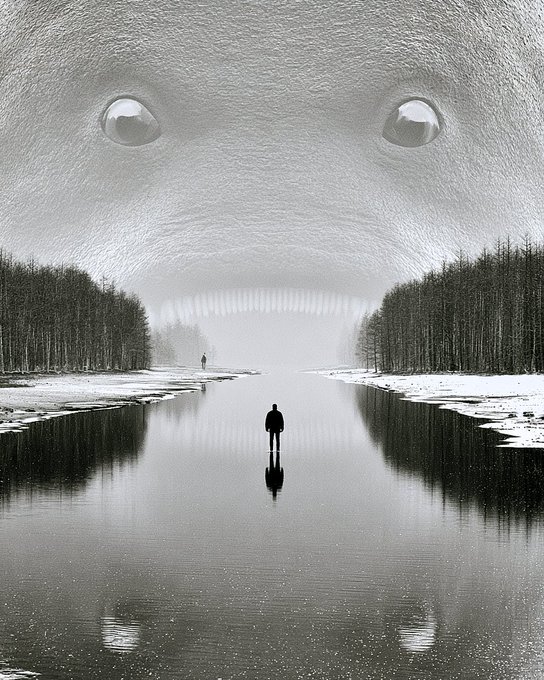 A surreal grayscale image depicts a silhouetted figure standing in a reflective stream flanked by bare trees, while a giant textured face with two glowing eyes looms above the horizon.