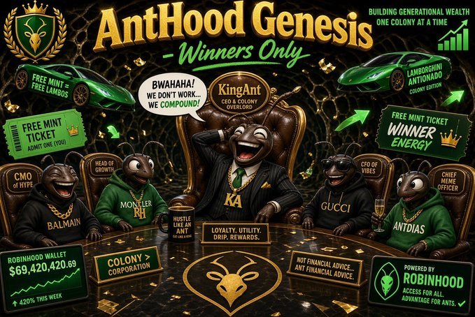 An advertisement for 'AntHood Genesis - Winners Only' featuring cartoon ants in luxury clothing, green Lamborghini cars, and text including 'FREE MINT TICKET', 'KingAnt CFO & COLONY OVERLORD', 'BWAHAHA! WE DON'T WORK... WE COMPOUND!', 'ROBINHOOD WALLET $69,420,420.69', and 'BUILDING GENERATIONAL WEALTH ONE COLONY AT A TIME'.