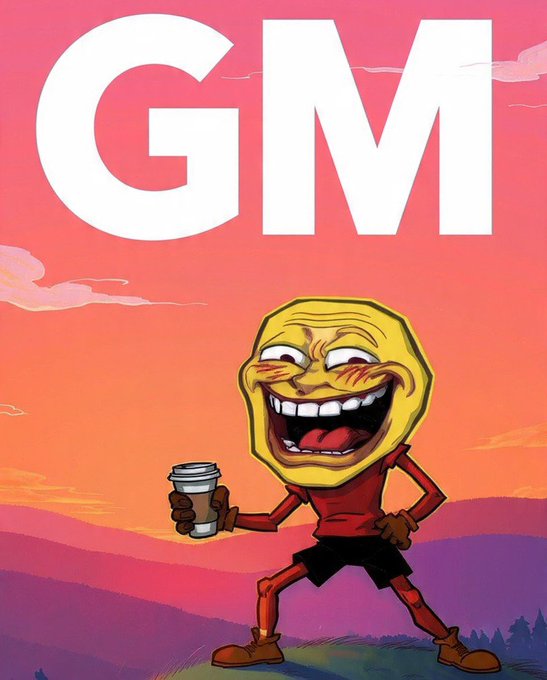 A cartoon yellow coin character with an exaggerated grinning face holds a coffee cup against a pink sunset backdrop, with large white "GM" text at the top—visually illustrating the classic crypto "good morning" greeting.