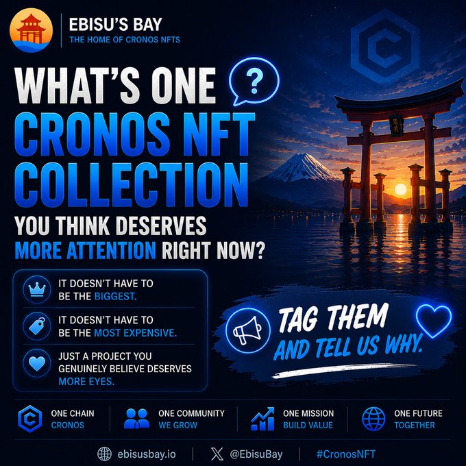 A promotional graphic for 'EBISU'S BAY - THE HOME OF CRONOS NFTS' asking 'WHAT'S ONE CRONOS NFT COLLECTION YOU THINK DESERVES MORE ATTENTION RIGHT NOW?' set against a sunset backdrop featuring a Japanese torii gate and Mount Fuji.