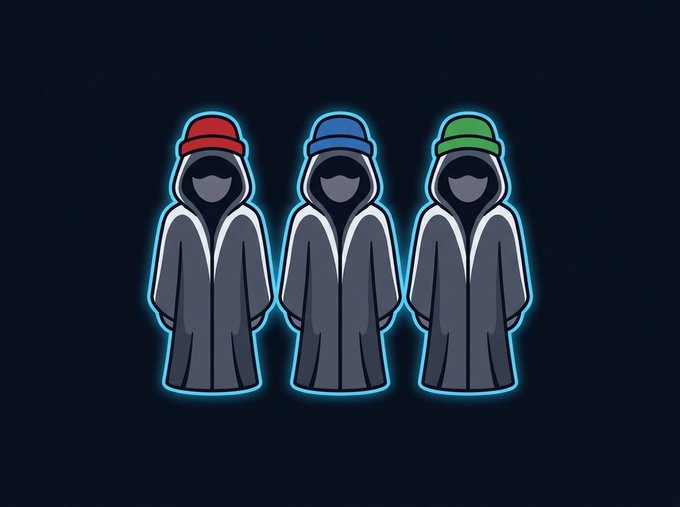 Three identical hooded figures with red, blue, and green hats glow against a dark background, visually symbolizing three separate KOLs who appeared distinct but were secretly powered by the same single bot vendor — much like how the image shows three characters looking uniform beneath different colored "brands."