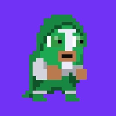 A pixel art character in a green hoodie with white drawstrings and the letter 'T' on the face, wearing orange gloves against a solid purple background.