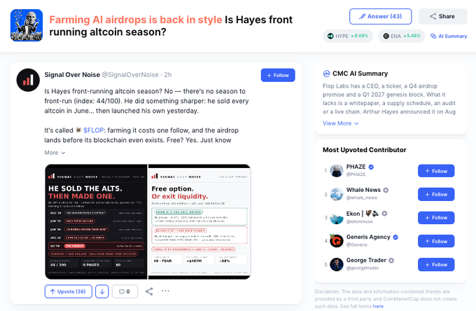 A social media post questions whether Arthur Hayes is front-running altcoin season by selling altcoins in June after a $FLOP (farming it costs one follow) and before his own chain's airdrop, with the user noting he "made one then made one" and holds only BTC long, while related article text highlights HYPE (+6.06%) and ENA (+5.46%) tickers and a CMC AI Summary referencing Plop Labs' CEO, Q1 2027 genesis block, Q4 airdrop, and no whitepaper.