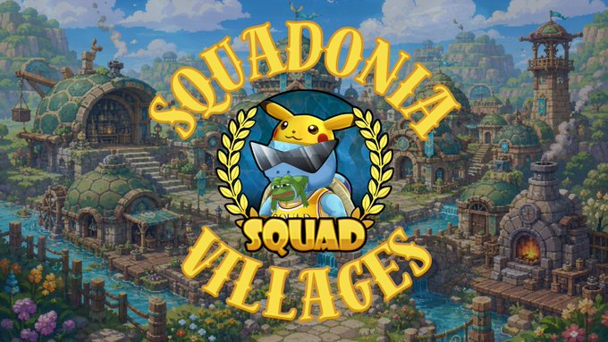 The image features a cartoon of a Pokemon character, likely Pikachu or another Pokemon, standing next to a castle with a moat. The text "Squadonia Villages" is written above the character's head, indicating that this is a promotional image for a video game called Squadonia Villages. The post also mentions that there are 90 squadonians in the village and gives away one Village Ticket (750 สมายงนี้ทอง) to the first winner of the giveaway, which is a Pokémon character or player who has won at least three games.