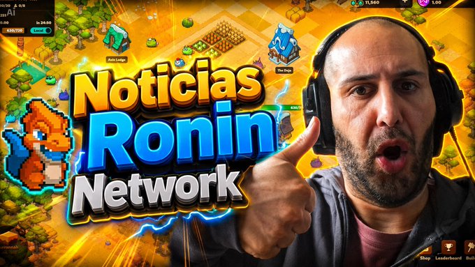 A bald man with headphones points at the viewer against a backdrop featuring a mobile game and the text 'Noticias Ronin Network'.