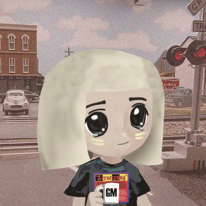 The image is a digital collage combining a cartoon character with a real-world scene, and the character is wearing a t-shirt with a logo of "Z'ersez Zoulust" and the text "GM." The caption for the image could be: "A cheerful cartoon figure stands at a crosswalk, wearing a Z'ersez Zoulust t-shirt with a 'GM' logo, coinciding with a post welcoming a new week with a 'GM' greeting, symbolizing 'Good Morning'."