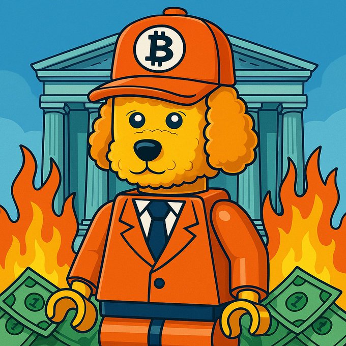 A digital illustration of a Lego-style yellow dog character wearing an orange suit and a Bitcoin cap, standing among flames, dollar bills, and a Greek temple in the background.