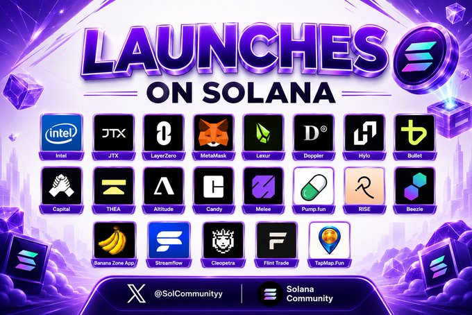 A promotional graphic titled 'LAUNCHES ON SOLANA' displaying 16 cryptocurrency project logos arranged in a grid, including Intel, JTX, LayerZero, MetaMask, Lexur, Doppler, Hylo, Bullet, Capital, THEA, Altitude, Candy, Metee, Pump.fun, RSE, Beezie, Banana Zone App, Streamflow, Cleopatra, Flint Trade, and TapMap.Fun, with '@SolCommunityy' and 'Solana Community' at the bottom.