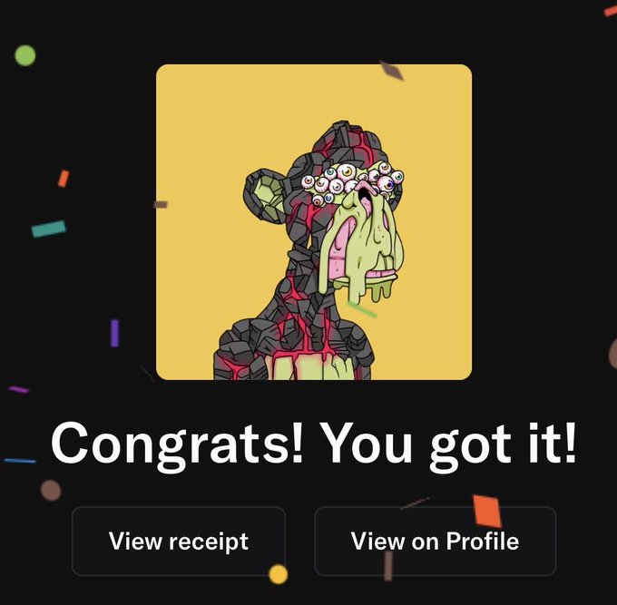 Confetti animation around a digital NFT receipt screen featuring a cartoonish zombie-like ape character on a yellow background with text reading 'Congrats! You got it!' and buttons for 'View receipt' and 'View on Profile'.