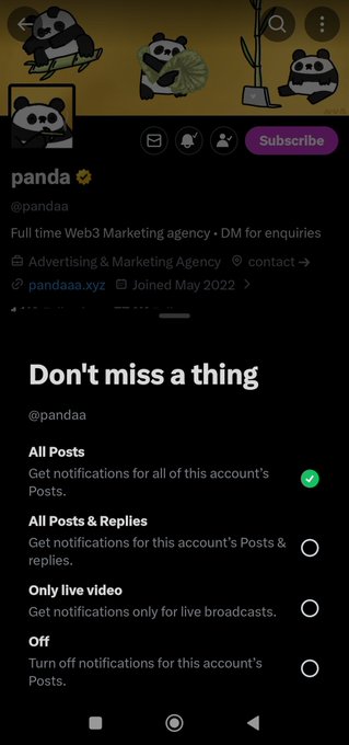 A Twitter/X profile page for 'pandaa' (@pandaa) showing a full-time Web3 Marketing agency bio, with a notification settings menu open displaying options like 'All Notifications' and 'All Posts & Replies'.
