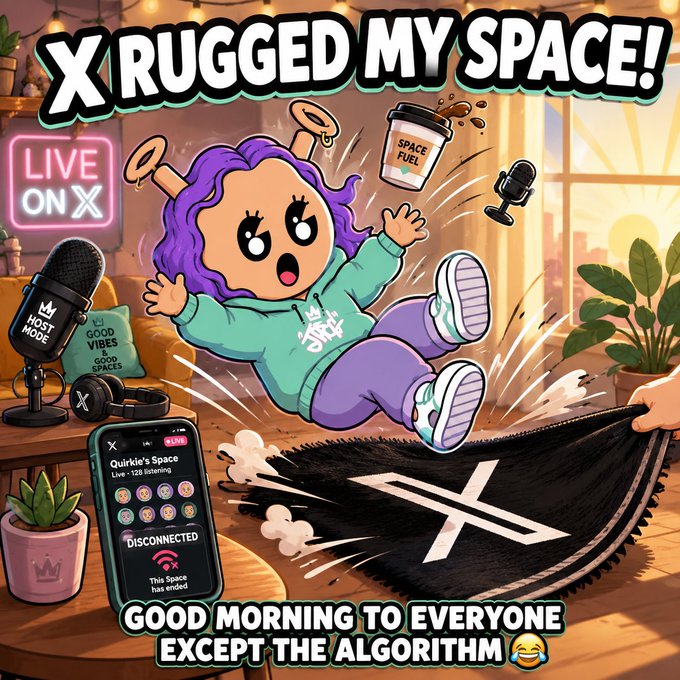 A cartoon-style graphic with the text 'X RUGGED MY SPACE!' depicts a purple-haired character being pushed off an X logo rug, with text reading 'GOOD MORNING TO EVERYONE EXCEPT THE ALGORITHM' and 'LIVE ON X'.