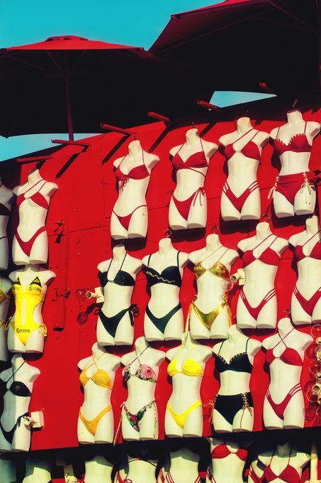 A vibrant outdoor display of numerous bikini tops on white mannequin torsos arranged in rows against a red board, with red umbrellas visible at the top of the frame.