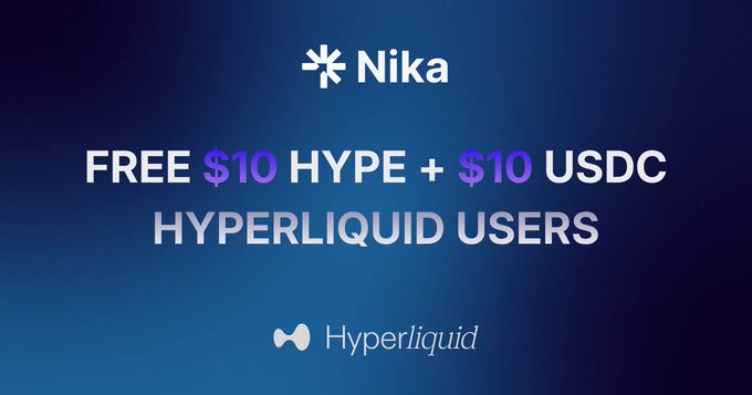 A blue promotional banner for Nika offering 'FREE $10 HYPE + $10 USDC' to 'HYPERLIQUID USERS'.
