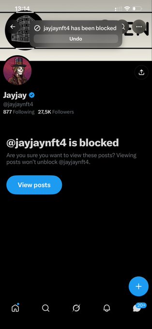 A Twitter profile page for 'JayJay' (@jayjaynft4) showing that the user has been blocked, with a notification at the top and a message '@jayjaynft4 is blocked' on the page.