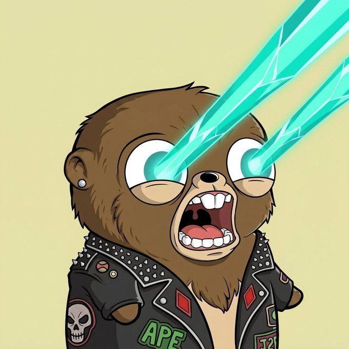 A cartoon illustration of a brown ape-like character wearing a black studded leather jacket with patches, including one reading "APE", shooting glowing teal laser beams from its eyes.