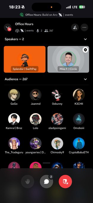 A screenshot of a Clubhouse event titled 'Office Hours: Build on Arc' shows speakers 'Splendor | SwiftPay' and 'Mike F. | Circle' with an audience of 267 attendees.