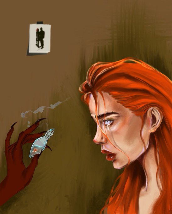 A digital painting depicting a woman with orange hair in profile, looking toward a dark-skinned hand with long claws holding a smoking glass vial, with a small silhouette picture pinned on the brown background.