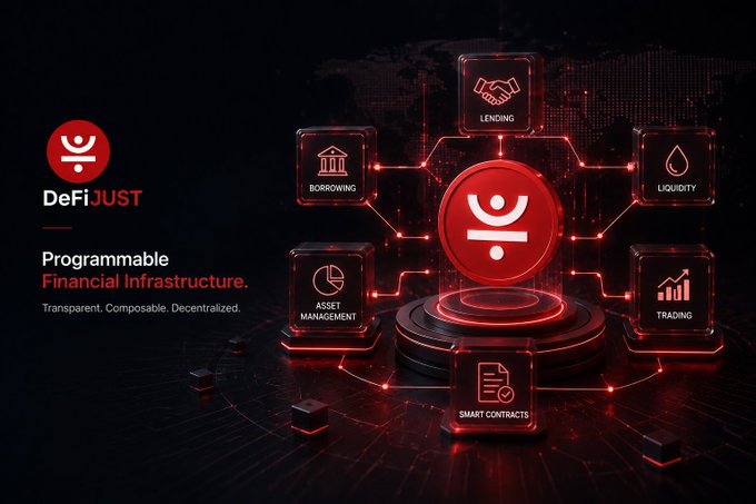 A promotional graphic for "DeFiJUST" describing it as "Programmable Financial Infrastructure" that is "Transparent. Composable. Decentralized," with interconnected nodes labeled Lending, Borrowing, Liquidity, Asset Management, Trading, and Smart Contracts.