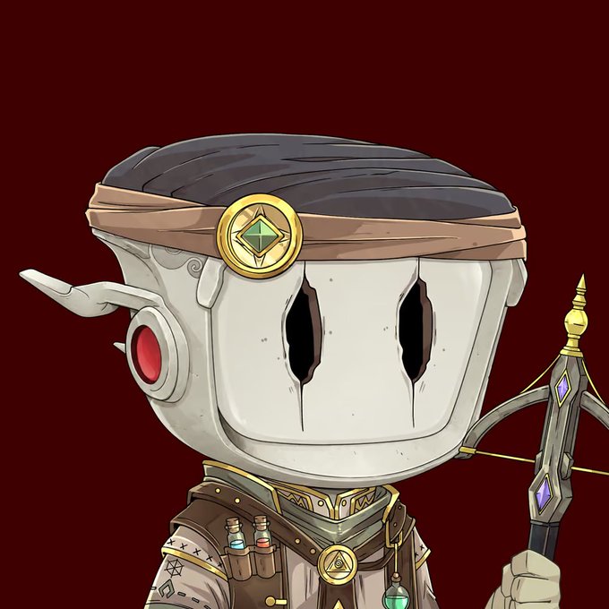An illustrated character wearing a white helmet with a wide smile, a brown headband with a green gem, and holding a staff with purple crystals against a dark red background.