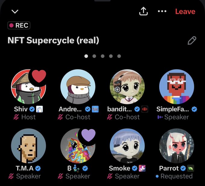 A screenshot of a Twitter Spaces audio chat titled "NFT Supercycle (real)" is in progress, with the "REC" indicator showing it's being recorded. The space features host Shiv, co-hosts Andre... and bandit..., and speakers T.M.A, B, Smoke, and Parrot, with one participant "Requested" to join, relating to the post's "NFTs" topic.