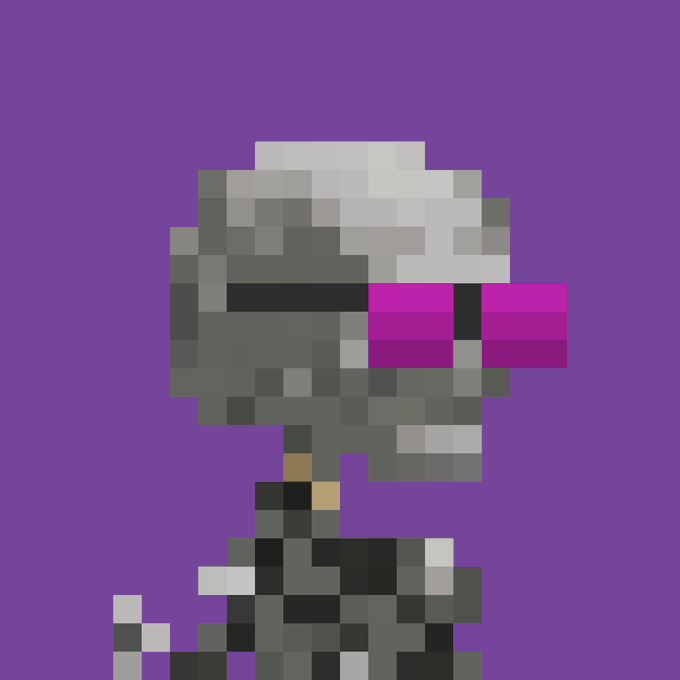 Pixel art character with white hair wearing dark armor and pink/magenta glasses against a purple background.