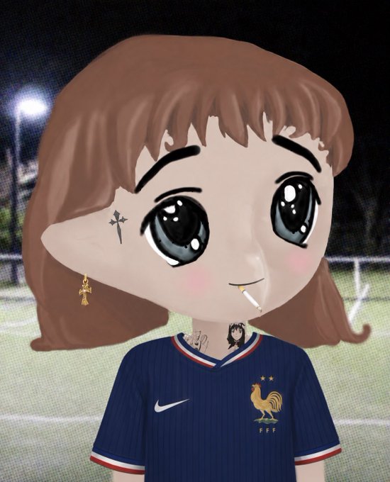 A cartoon-style girl with large blue eyes, brown hair, and a cross earring smokes a cigarette while wearing a dark blue Nike France national football team jersey on a soccer field at night.