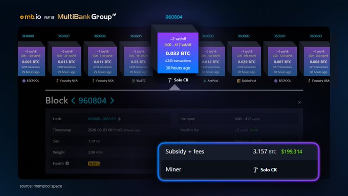 A dashboard from Mempool.space displaying Bitcoin block 960804, which was solo-mined by "Solo CK" (CKPool) and rewarded 3.157 BTC ($199,314) in subsidies and fees. The highlighted block stands out among neighboring blocks, illustrating the rare occurrence—described in the post as the 317th time someone has solo-mined a block through CKPool's rented hashpower setup.
