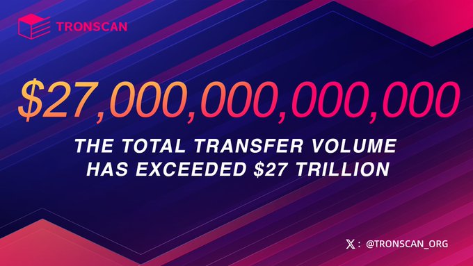 The image shows a colorful backdrop with red, blue, pink and purple stripes set against a grayish-blue background. The text above and below the image features information about a cryptocurrency called "TRON" that has achieved record-breaking value - $27,000,000 in its history.