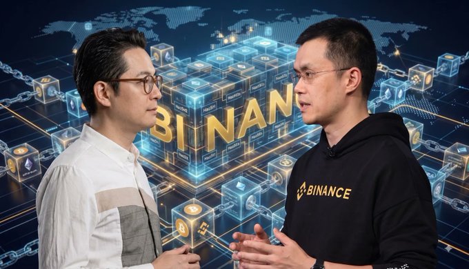 Two men are shown in conversation against a digital backdrop featuring a world map, blockchain cubes, and Bitcoin logos, with the word "BINANCE" partially visible. One man on the right wears a black Binance hoodie, connecting the image to the post's theme about Bitcoin's growing status in the crypto space.