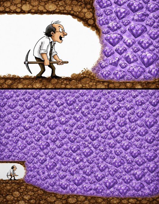A cartoon illustration in two panels showing a miner digging into a vast expanse of purple gems, finding that his small excavation area is just a tiny fraction of the larger field.