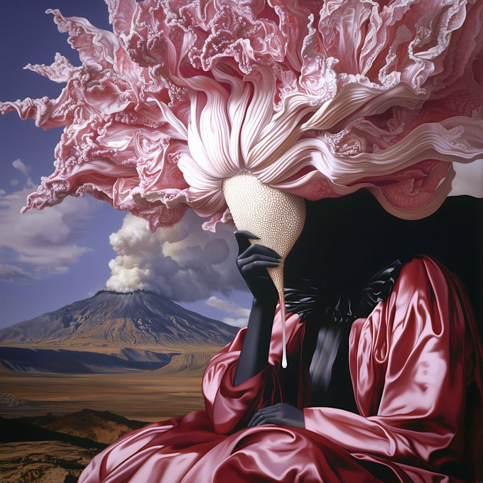 A surreal, baroque-style artwork showing a figure in flowing pink satin robes holding a white seashell or corn-like object, with a smoking volcano and dramatic landscape in the background.