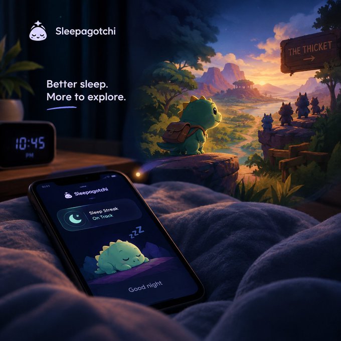 A promotional graphic for "Sleepagotchi" shows a digital device displaying a sleeping dinosaur character with the tagline "Better sleep. More to explore."