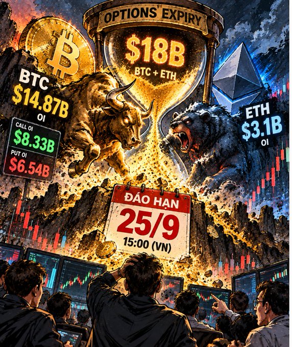 A dynamic crypto market graphic for an Options Expiry on 25/9 at 15:00 (VN), showing an hourglass with $18B for BTC + ETH, alongside a charging bull, a roaring bear, BTC at $14.87B OI, and ETH at $3.1B OI.